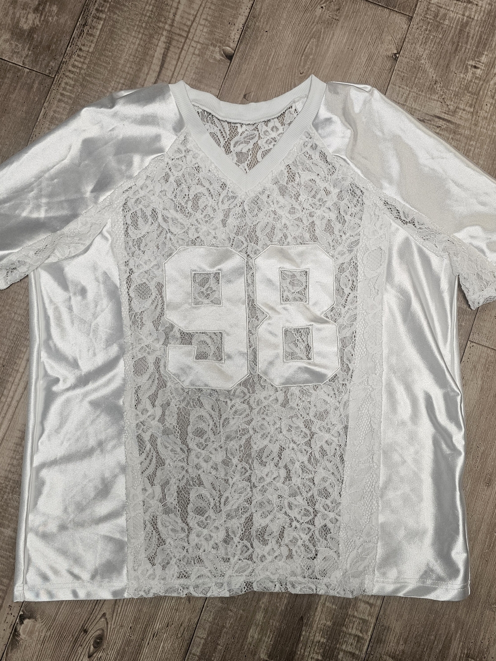 White Lace V-Neck Football Tee with '98'